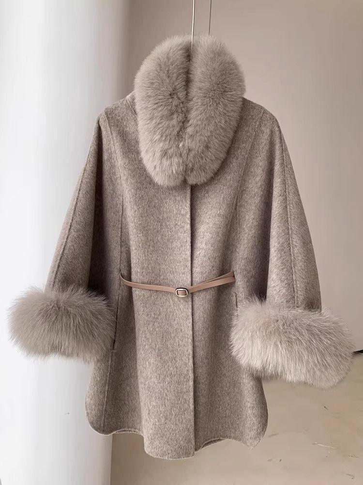 2025 Autumn/Winter Popular Wool Coat for Women with Fluffy Fur Collar and Cuffs