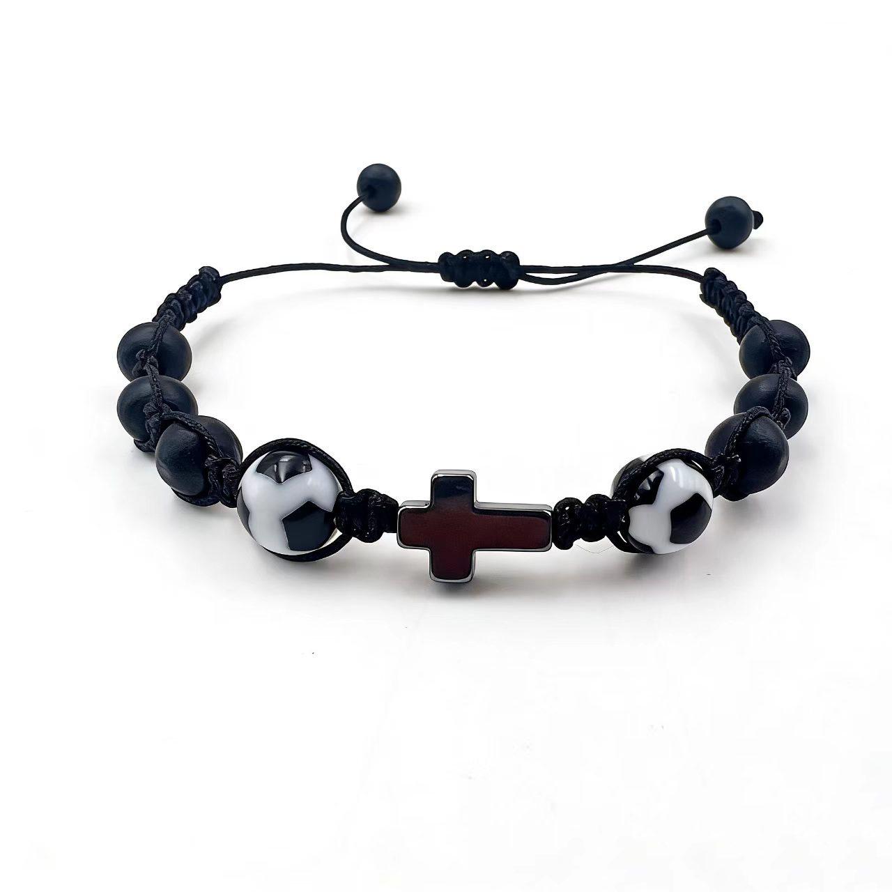 World Cup Football Beaded Bracelet with Black Cross & Frosted Beads