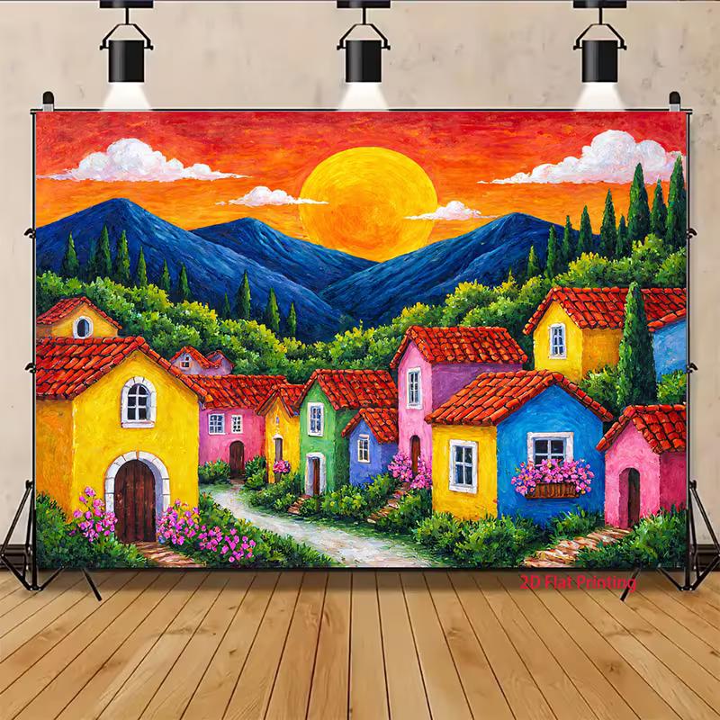 2D Whimsical Sunset Village Photography Backdrop