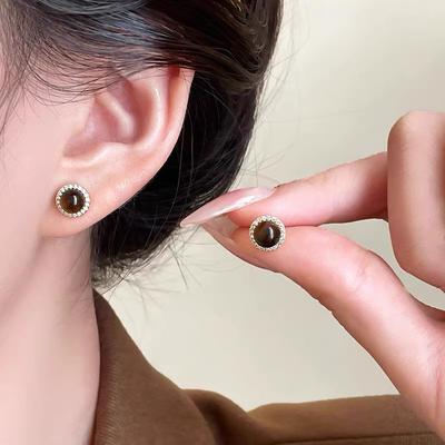 Pendientes Redondos Geométricos de Piedra Ojo de Tigre y Circonita para Mujer Retro Lujo Ligero Nicho Gama Alta Exquisitos Pendientes Joyería Regalos
