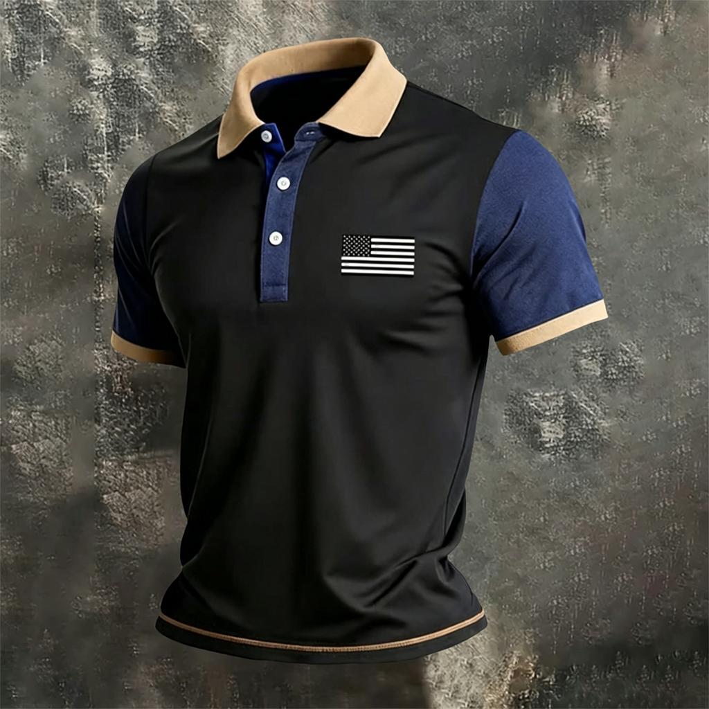 Men's Casual Short Sleeve Polo Shirt with Independent Day Flag Print and Color Block Design for Outdoor and Everyday Wear