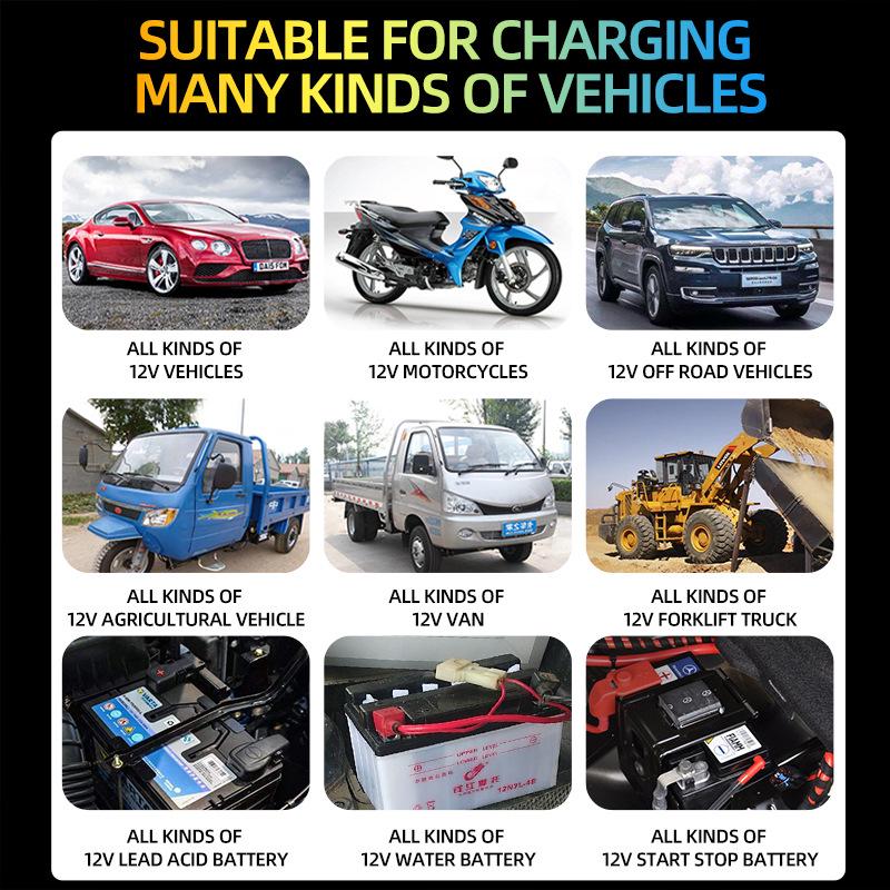 E-FAST 12V 7-Stage Charger for Car and Motorcycle Batteries with Current, Voltage, and Battery Level Display.