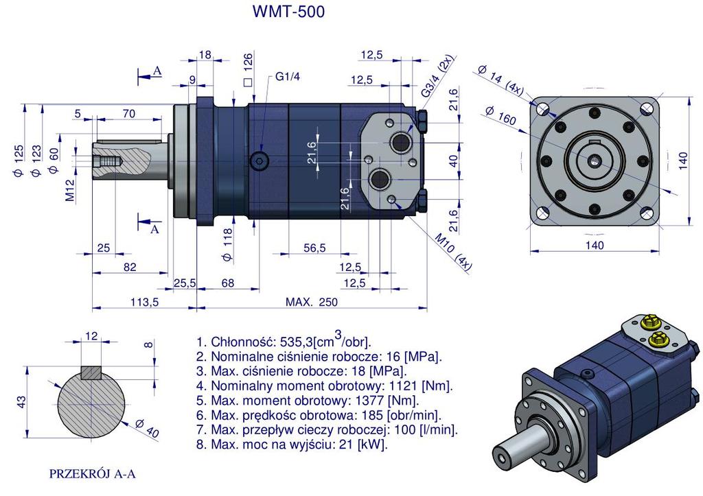 Silnik Hydrauliczny Orbitalny Wmt 500 Cm3/Obr (160 Bar / Max.210 Bar) Waryński