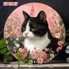 Cute Tuxedo Cat Portrait In Pink Spring Flowers Round HD Metal Wall Art Vintage Botanical Animal Metal Sign for Home and Garde