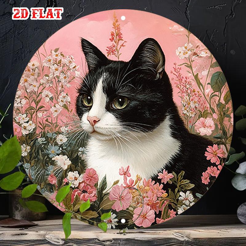 Cute Tuxedo Cat Portrait In Pink Spring Flowers Round HD Metal Wall Art Vintage Botanical Animal Metal Sign for Home and Garde
