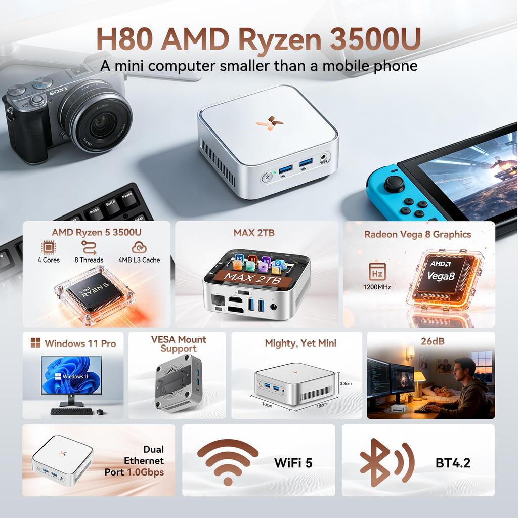 HUIDUN H80 3500U Avec Clavier QWERTY Mini PC avec AMD Ryzen™ 5 16 Go de RAM + 512 Go de SSD AMD Radeon™ RX Vega 8 Windows 11 Pro