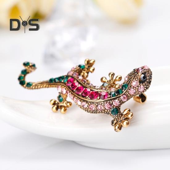 Retro Lizard Gecko Shape Brooch Shining Rhinestones Inlaid Pin Faux Silk Shawl Buckle Dress Badge Outfit Accessories