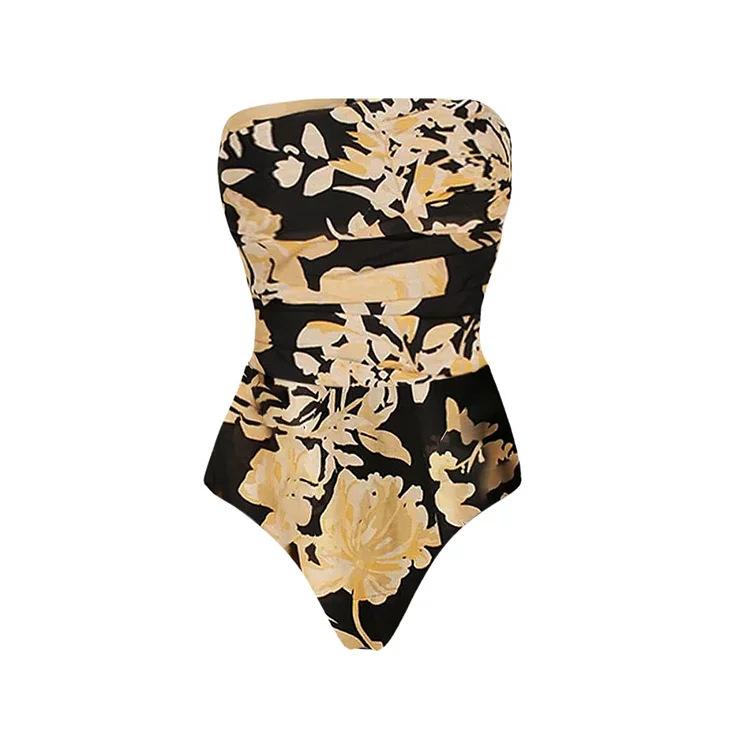 European and American swimsuit tube top retro printed one-piece swimsuit suit female 7 S