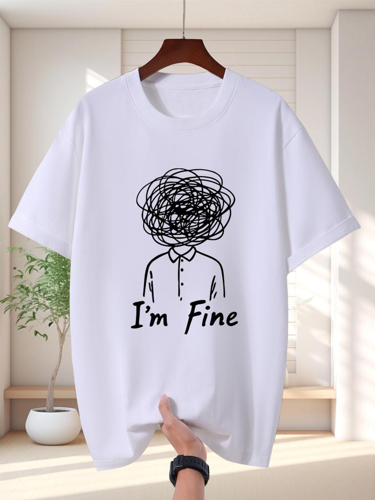 Unisex Dark Gray Tee Tangled Mind Line Art Im Fine Letter Print Crew Neck Short Sleeve Summer Casual Male Cotton Street Daily Top