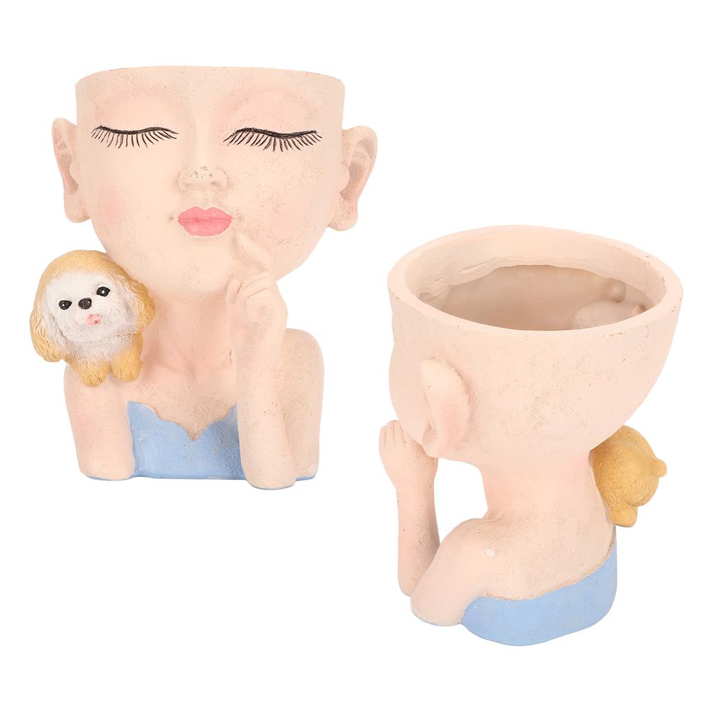 Blomkruka Flicka och Hund Söt Stil Dräneringshål i Botten Dekorativ Harts 12.5x11x14cm Skrivbordsplanteringskruka