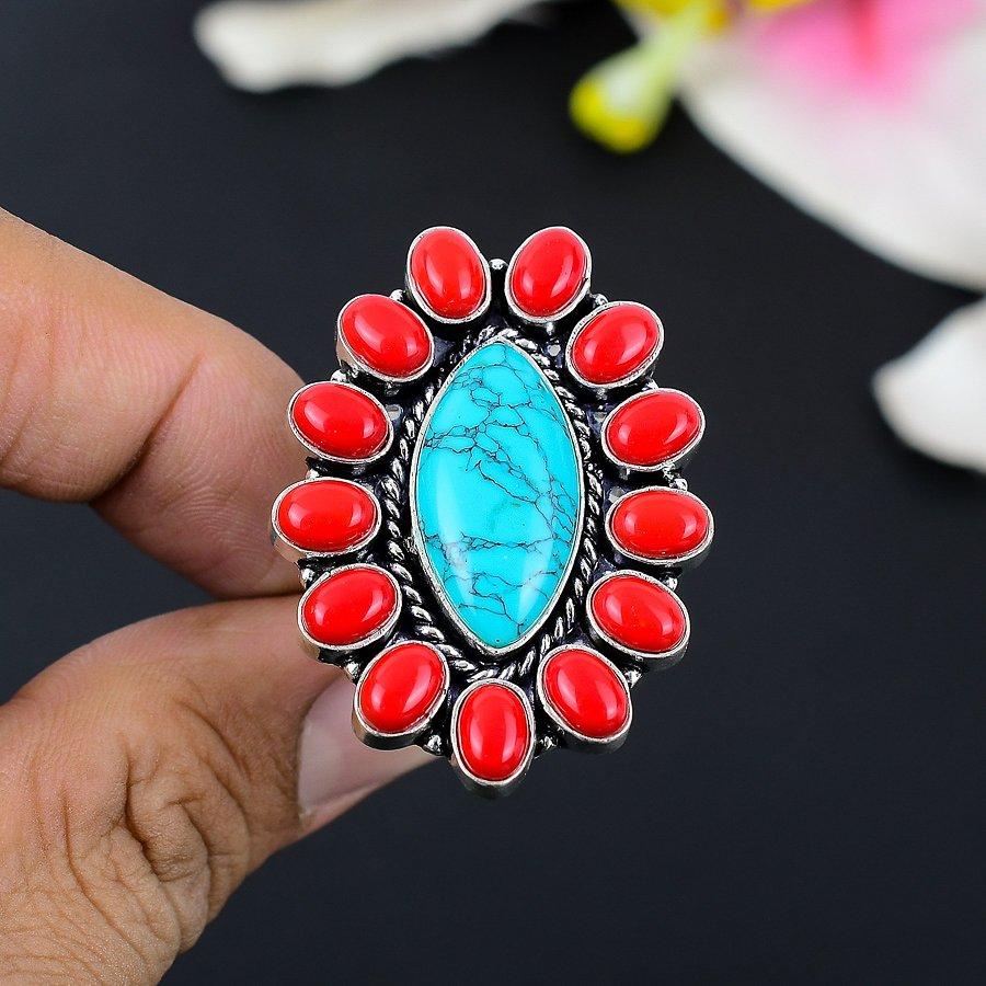 Santa Rosa Turquoise, Coral 925 Sterling Silver Jewelry Ring Size 9 KG-137