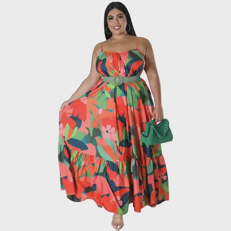 Léto 2023 Evropské a americké maxi šaty s volnými rameny a plisováním - Dámská móda plus size s potiskem