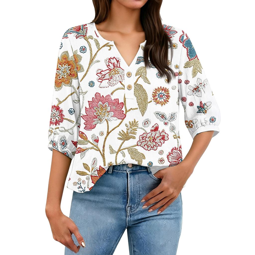 Women Floral Print Henley Button Neck Shirt Three Quarter Sleeve Cotton Linen Blouse Casual Loose Fit Top