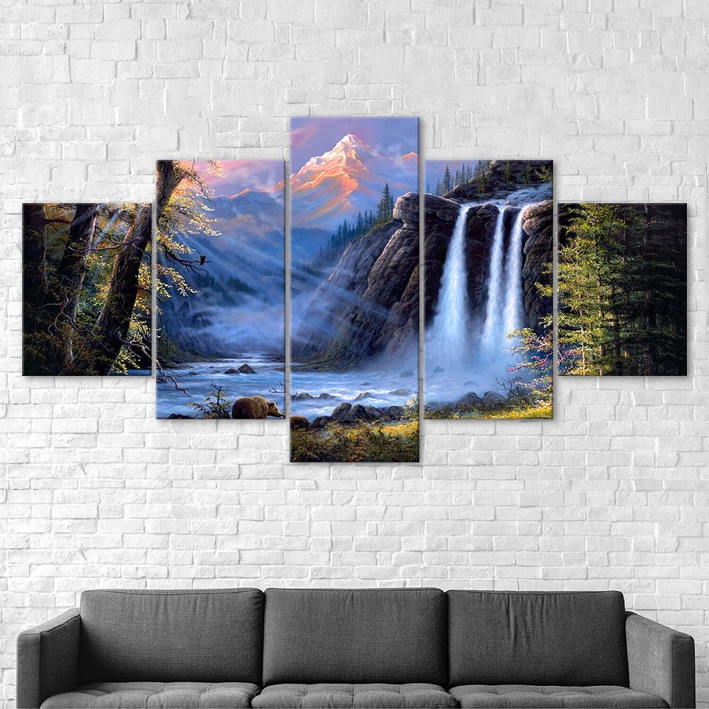Fantasy Wasserfall Wald Gemälde Leinwand 5 Teile Fünfteiliges Wandbild Modernes Kunstposter Heimdekoration Geschenk Für Ihn Für Sie