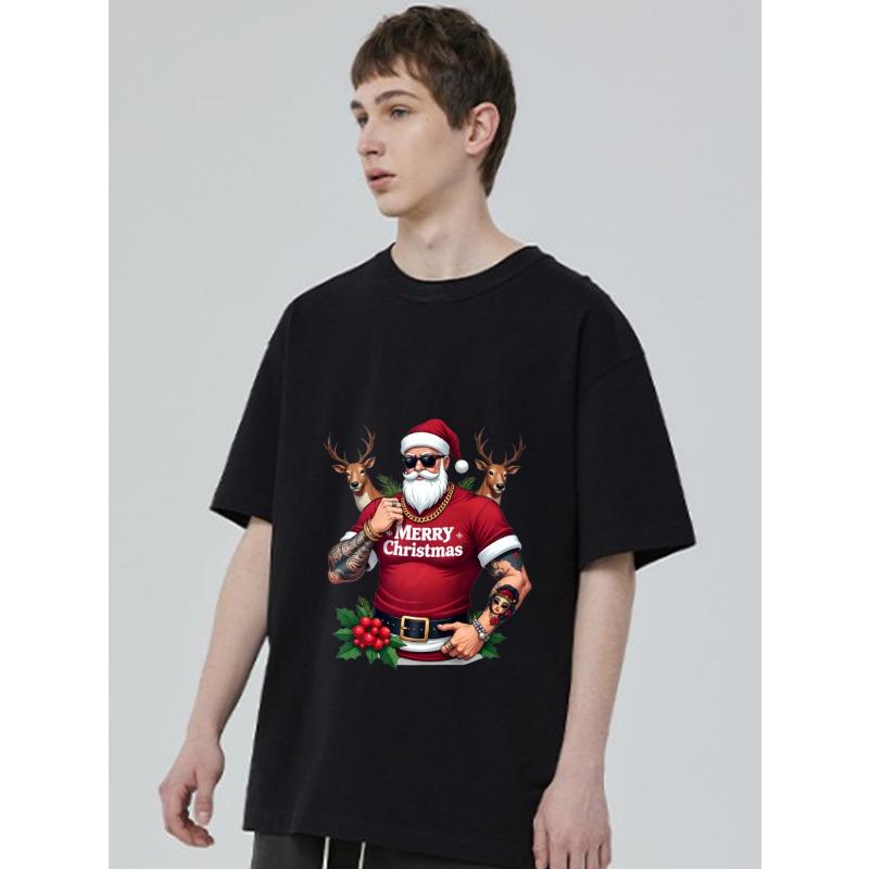 Christmas T-Shirt Black Santa Claus with Reindeer and Merry Christmas Text Holiday Party Wear