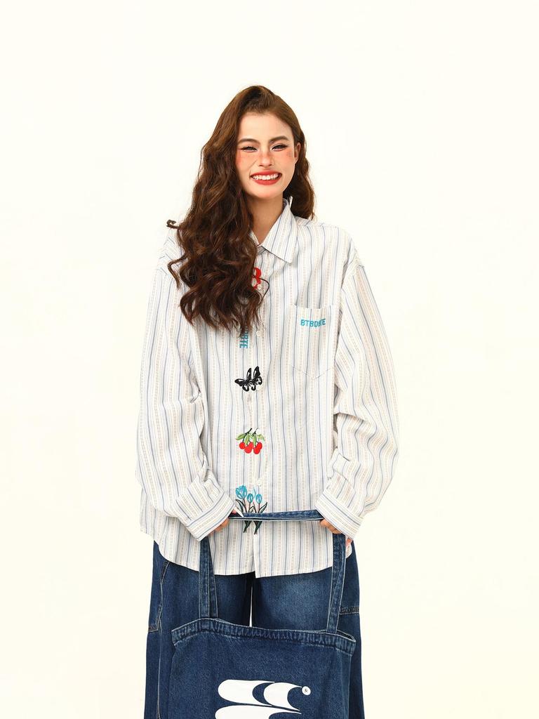 Unisex Trendy Loose-Fit Long Sleeve Butterfly & Flower Embroidery Shirt