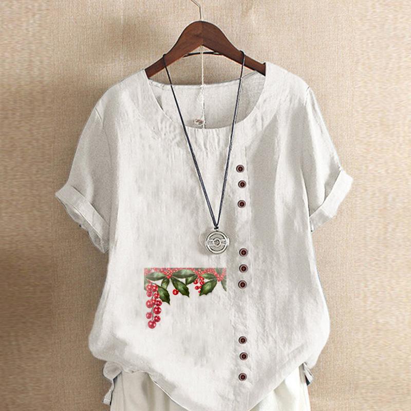 Women's Fashion Chinese Hawthorn Prined Round Neck Short Sleeve T-shirt Casual Cotton Linen Graphic Shirt Leisure Loose Summer Blouse Tops