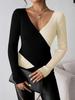 2025 Elegant V-neck Color Block Knitted Sweater - Women's Autumn/Winter Long Sleeve Top