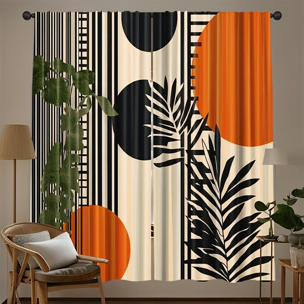 Abstract Geometric Curta 2pcs – Black, Orange & Cream with Palm Leaves, Modern Art Design for Living Room and Study Decor