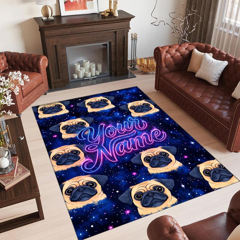 Pug Theme Crystal Velvet Floor Rug Personalized Custom Name Text Warm Carpet Home Decoration