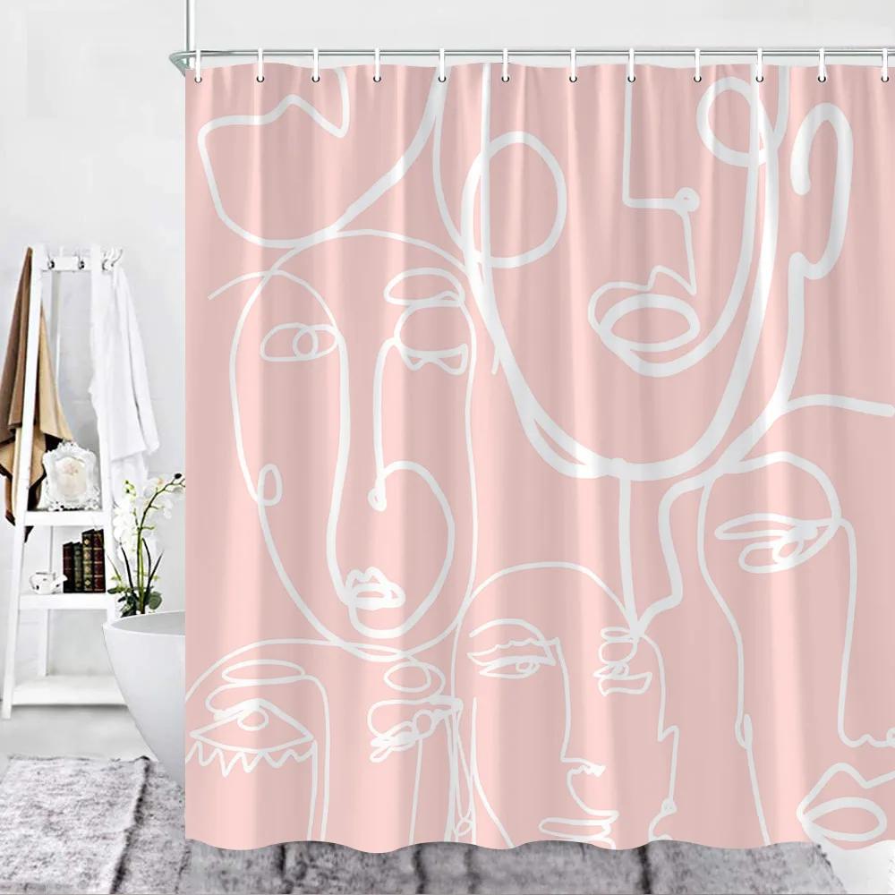 Abstract Face Shower Curtain Hooks Geometric Lines Face Simple Art Fabric Bathroom Decor Fabric Curtains Polyester Washable