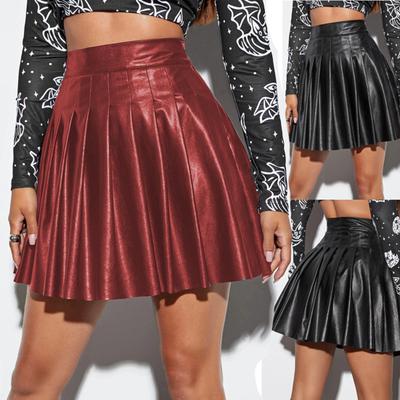 Damen-Faltenrock, Kunstleder, hohe Taille, A-Linie, lockerer Saum, einfarbig, Clubwear, Party, Tanz, Rock über dem Knie, Minirock