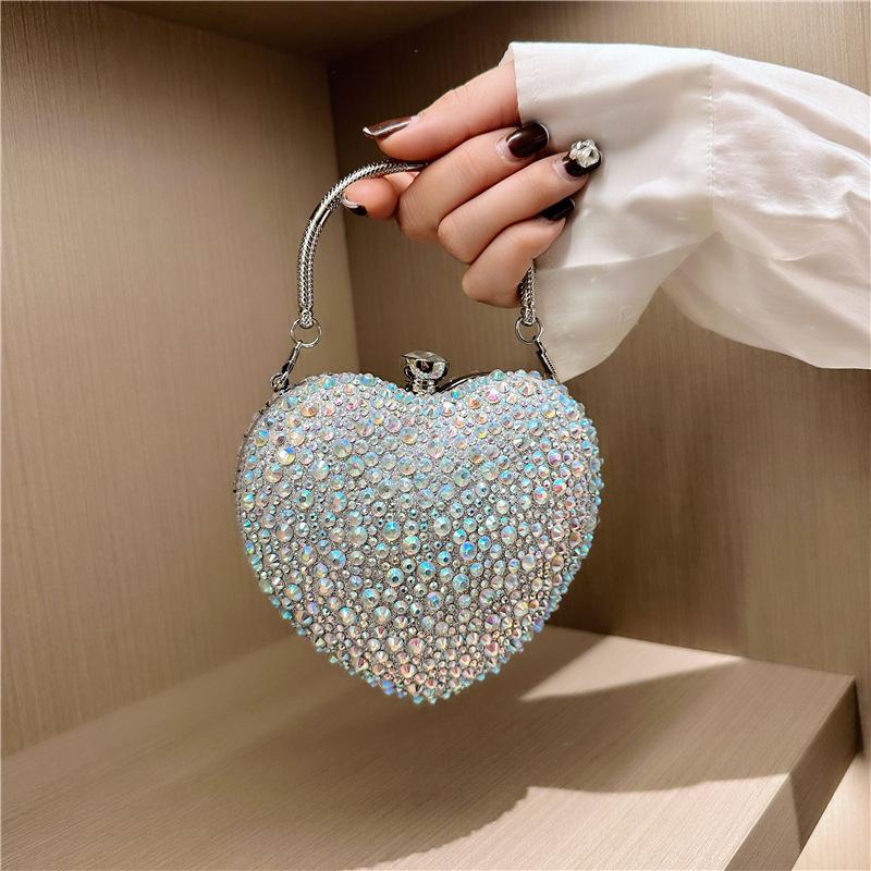 1 Piece Rhinestone Mini Handbags Luxury Diamond Inlay Heart Shape Crystal Clutch Purse Evening Wedding Party Shoulder Bag
