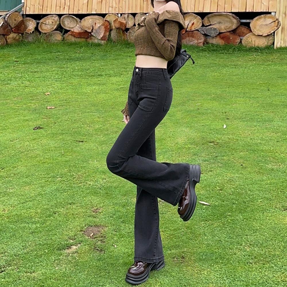 American Retro Flared Jeans Women's Spring and Autumn New Elastic Slim and Thin Design Mopping Pants
