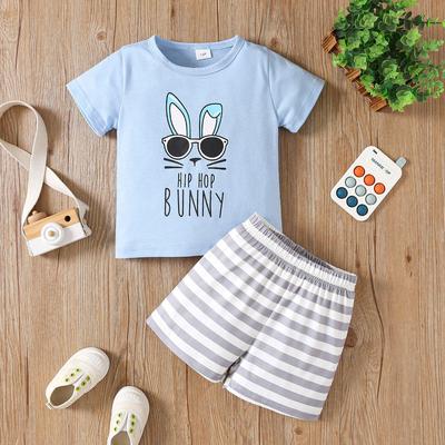 Boys' Easter Bunny Print Two-Piece Outfit: Short Sleeve Top & Striped Shorts Set