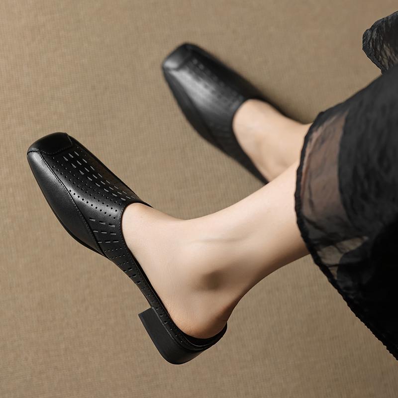 Fashion 2025 New Fashion Covered Toe Genuine Leather Women Thick Heels Casual Mules Summer Daily Walk Sheepskin Leather Slippers Sandals