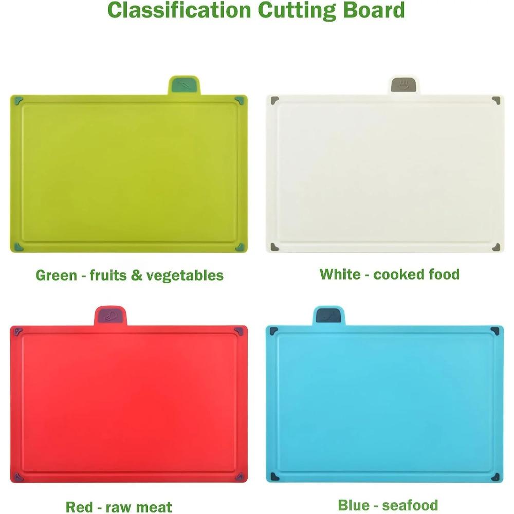 Planches à découper de cuisine, set de 4 planches à découper en plastique, grandes planches à découper de cuisine avec support de rangement, lavables au lave-vaisselle (quatre couleurs), 1 jeu