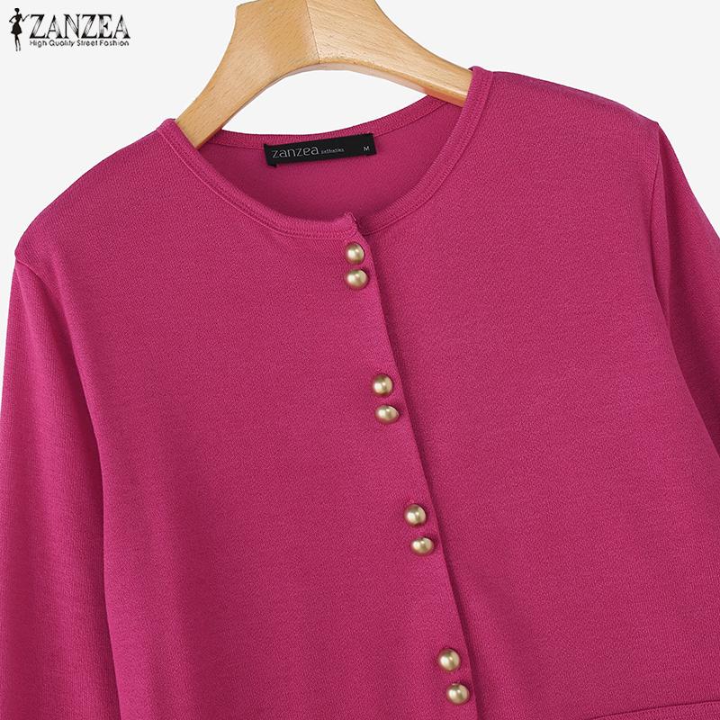 ZANZEA Kvinner uformell rund hals ensfarget langermet bluse