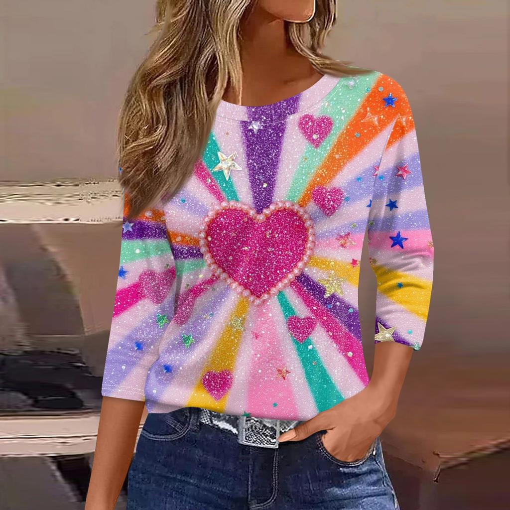 Women's Fashionable Casual Three Quarter Sleeve Printed Round Neck Top
