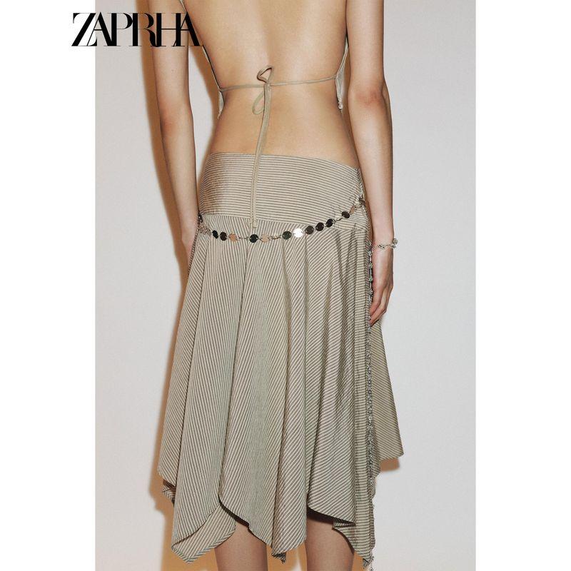 Zaprha 2025 Summer New Gyaru Style Stripe Belt Asymmetric Mid Waist Midi Skirt 6929500