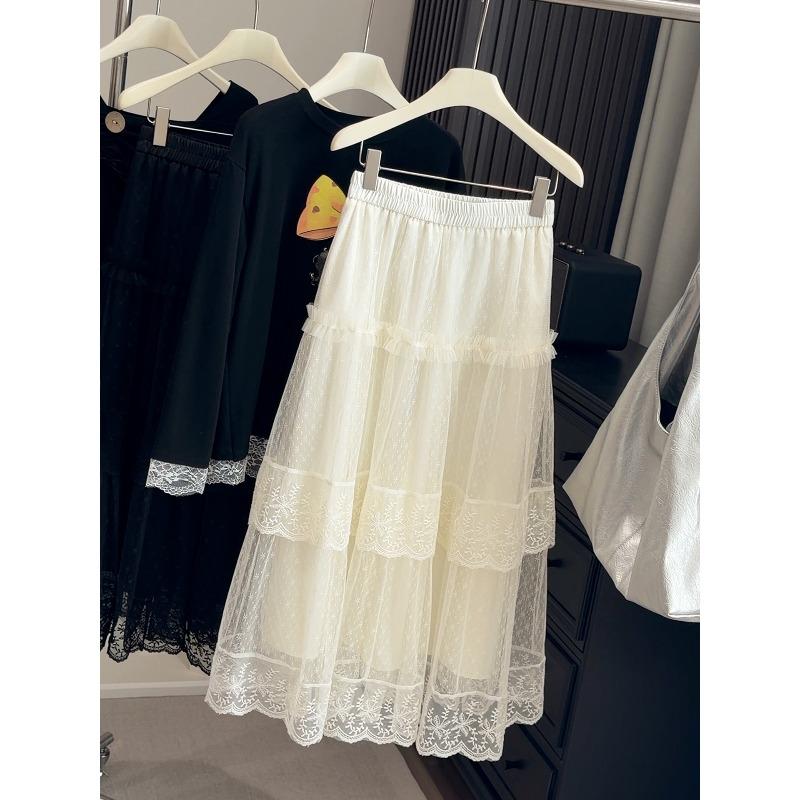 

French lace edge splicing mesh skirt women s spring new sweet wind high waist A word medium and long cake skirt One size fits all