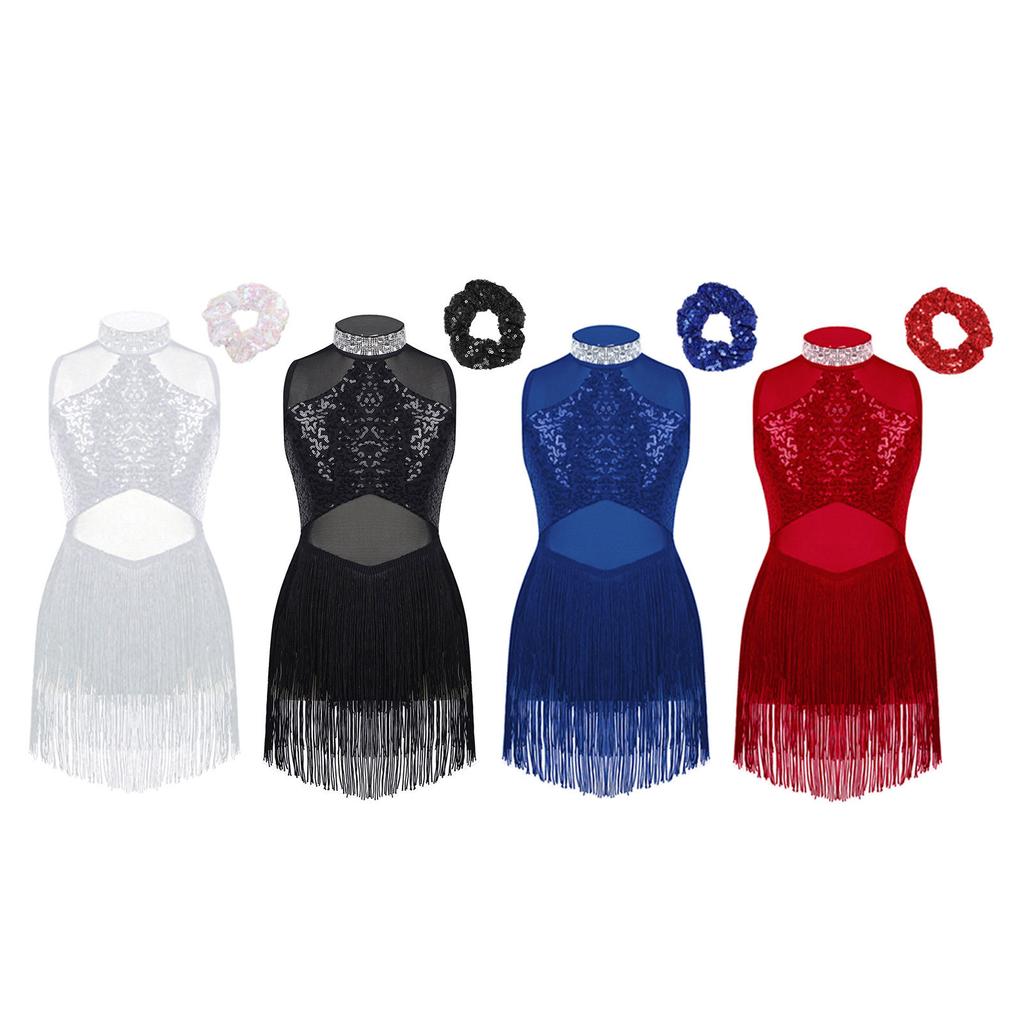 Girls Rhinestone Decorated Collar Leotard Sequins Mesh Patchwork Tassel Hem with Hair Tie