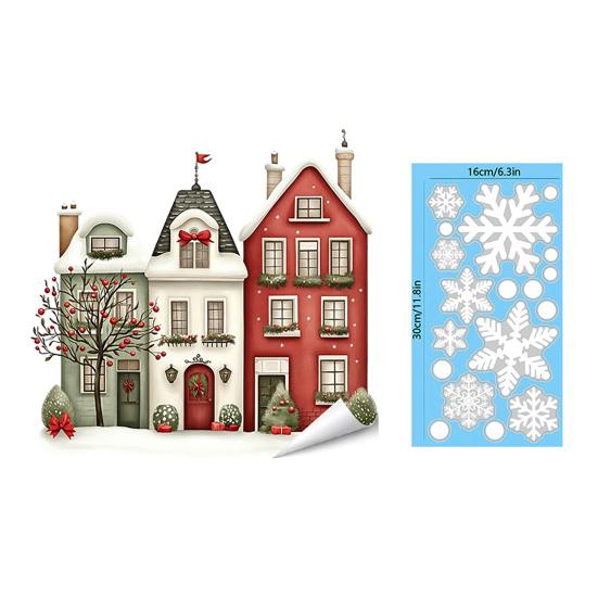 Weihnachts-Fenstersticker Statische Aufkleber, Verschneite Stadthäuser Schneeflocken Glasaufkleber, Wiederverwendbare Klebefreie Adsorption Weihnachten Aufkleber, Feiertagsdekoration für