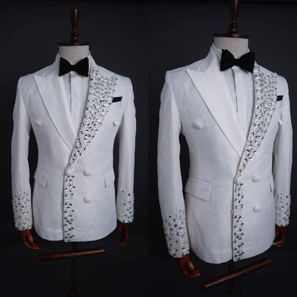 Nuntă Costume Bărbați Smochinguri Nou Modern Costum Cristal Rever Ascuțit Rând Unic Blazer cu Diamante Sclipitoare Pantaloni