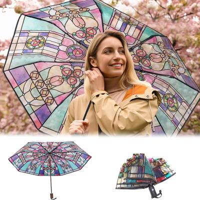 Umbrella Automatic Japanese 23-inch Church Glass Umbrella Transparent POE Straight Pole Long Handle Sunny Umbrella Glass Colorful Pattern