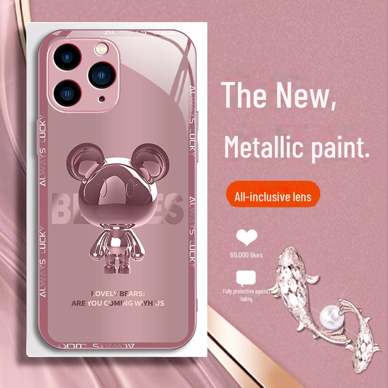 Metal Bear Cartoon Liquid Shell for Apple 13/13 Mini/14 Pro Max/11 Pro/X Premium Glass