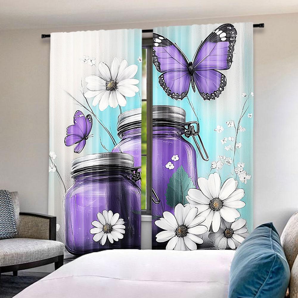 2Pcs Rustic Farmhouse Floral Curtain Purple Teal Daisy Flowers Butterfly Abstract Curtain Country Farm Turquoise Curtain