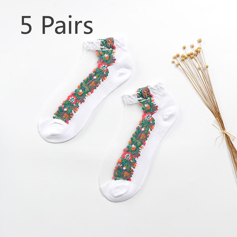5 Pairs of Ladies Autumn Thin Floral Embroidered Glass Silk Clear Cotton Bottom Crystal Ice Stockings