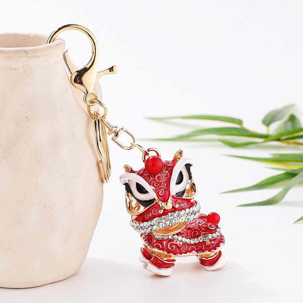 Awakened Lion Dance Rhinestone Keychain - Cute Chinese Dragon Ball Lion Charm
