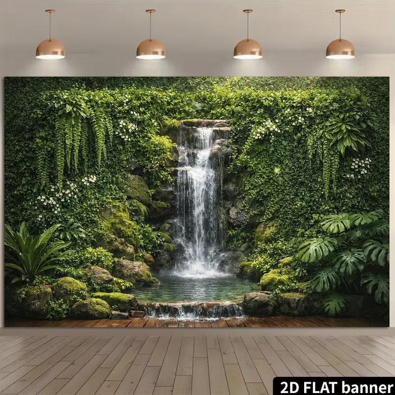 2D Tropical Monstera Fern Cascade Waterfall Photo Background Cloth