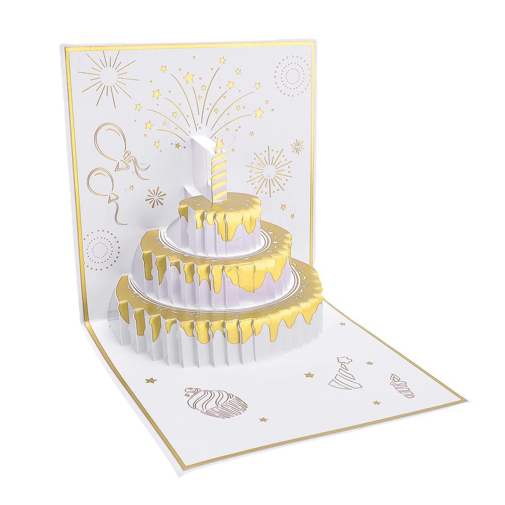 Birthday Card Cake Fireworks Stars Balloons 3D Birthday Greeting Card with Light Music Envelope for DIY Present Gold