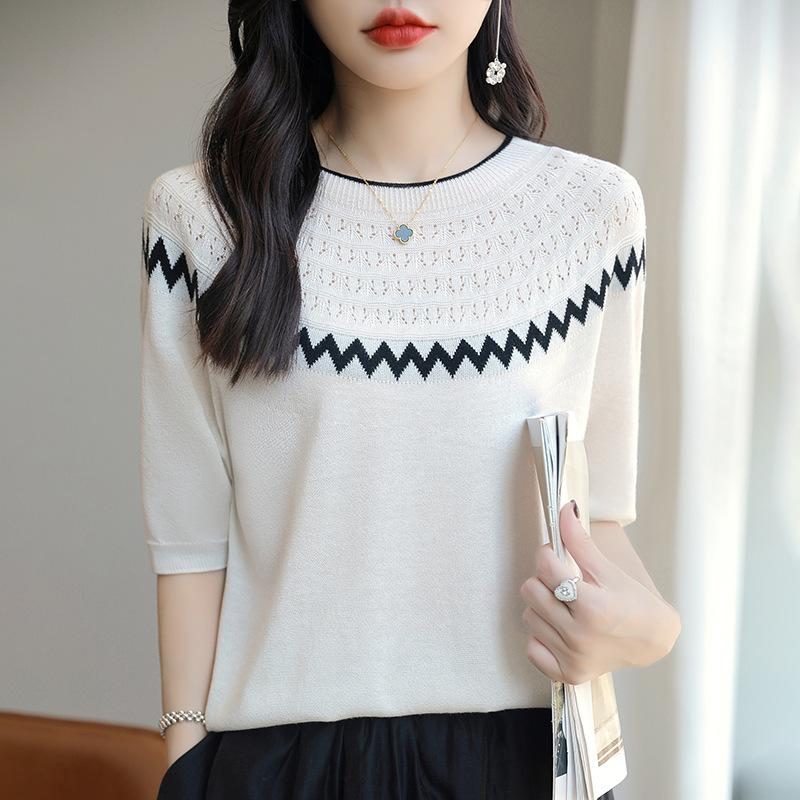 

Mulberry Silk Round Neck Hollow Knitted Short Sleeves for Women Fashion Versatile Wool Base Shirt Summer New Contrast Top T M білий