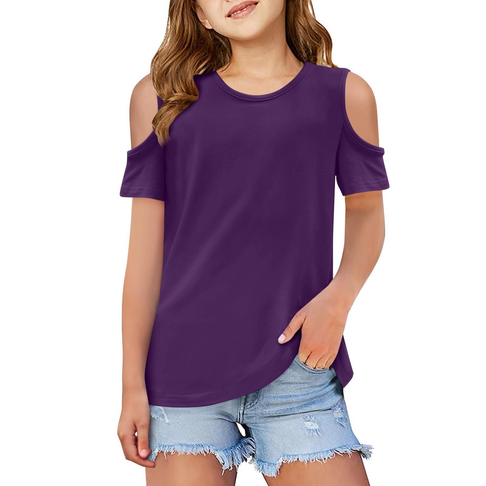 

Летняя детская мода футболка с открытыми плечами и круглым вырезом 150 фиолетовый