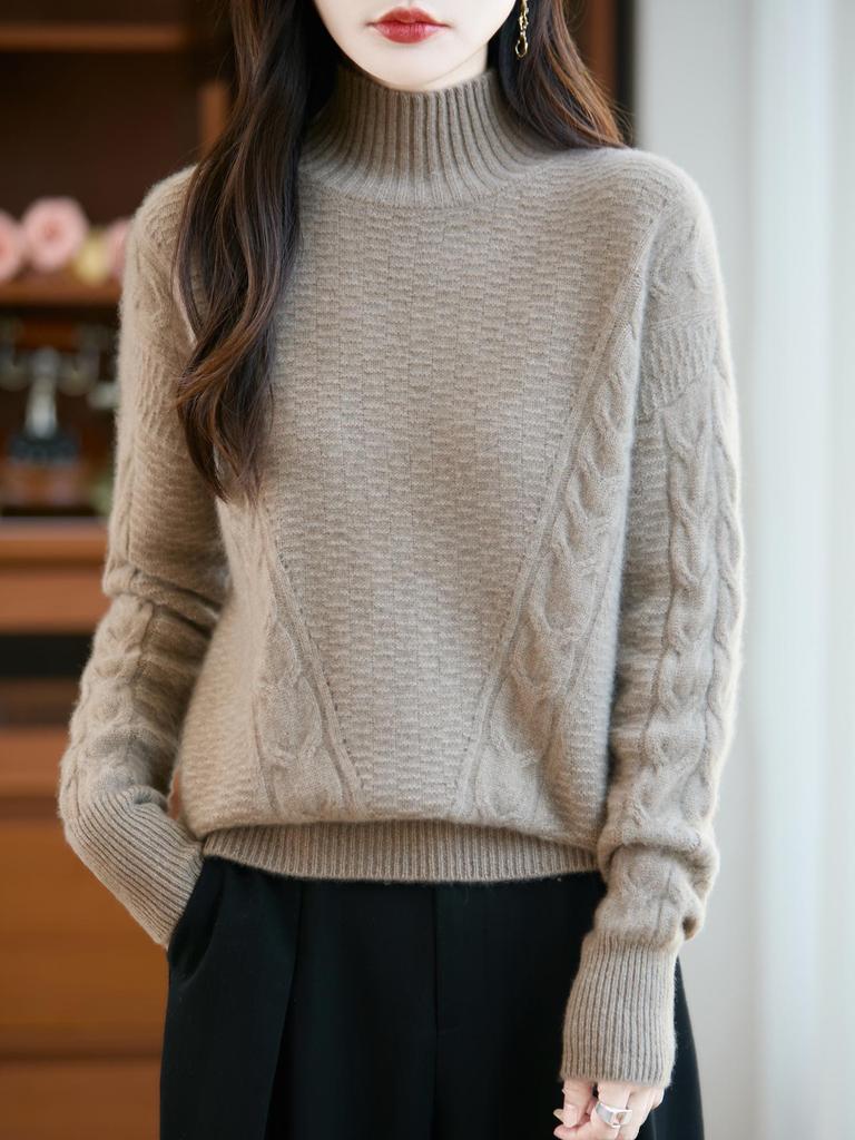 Women's 100% Pure Wool High Neck Cable Knit Sweater, Thickened Loose Fit, Autumn/Winter 2026 Style.