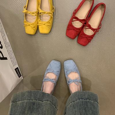 Mary Jane Shoes Square Head Shallow Mouth Bow Inner Height Increase Temperament Socialite Evening Wind Suede Ballet Single Shoes Women