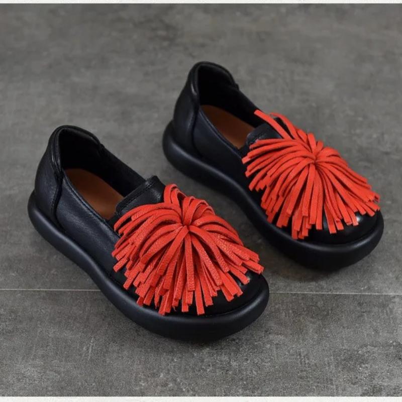 Johnature Genuine Leather Thick Soled Women's Shoes Comfortable Retro Handmade Tassel Slip-on Shoes